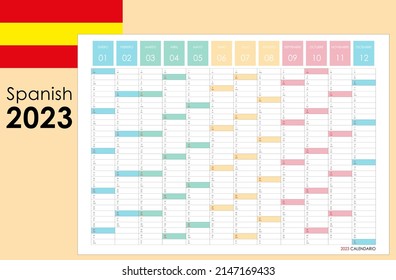 Planner calendar for 2023. Wall organizer, yearly planner template. Vector illustration. Vertical months. One page. Set of 12 months. Spanish language. svg