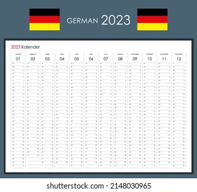 Planner calendar for 2023. Wall organizer, yearly planner template. Vector illustration. Vertical months. One page. Set of 12 months. German language.
