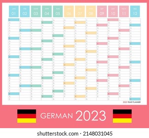 Planner calendar for 2023. Wall organizer, yearly planner template. Vector illustration. Vertical months. One page. Set of 12 months. German language.
