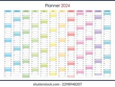 Planner calendar for 2024. Wall organizer, yearly template. One page. Set of 12 months. English