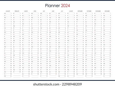 Planner calendar for 2024. Wall organizer, yearly template. One page. Set of 12 months. English