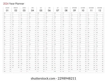 Planner calendar for 2024. Wall organizer, yearly template. One page. Set of 12 months. English