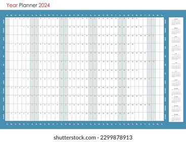 Calendario de planificación para 2024. Organizador de pared, plantilla anual. Una página. Conjunto de 12 meses. Inglés