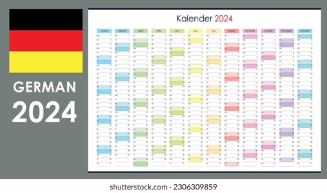 Planner calendar for 2024. Wall organizer, yearly template. One page. Set of 12 months. German