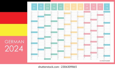 Planner calendar for 2024. Wall organizer, yearly template. One page. Set of 12 months. German