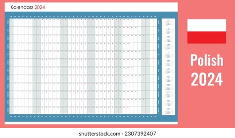 Planner calendar for 2024. Wall organizer, yearly template. One page. Set of 12 months. Polish.