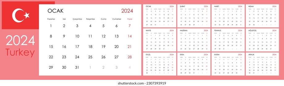 Planner calendar for 2024. Wall organizer, yearly template. One page. Set of 12 months. Polish.