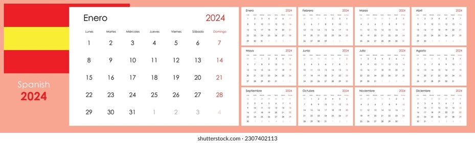 Planner calendar for 2024. Wall organizer, yearly template. One page. Set of 12 months. Spanish.