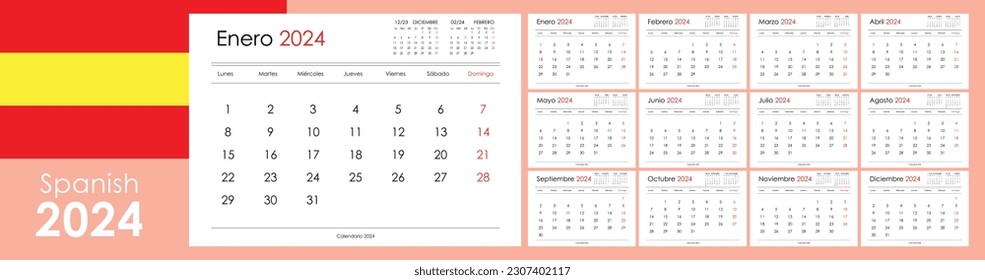 Calendario de planificación para 2024. Organizador de pared, plantilla anual. Una página. Conjunto de 12 meses. Español.