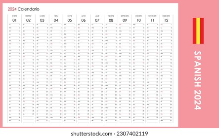 Planner calendar for 2024. Wall organizer, yearly template. One page. Set of 12 months. Spanish.