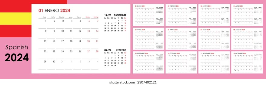 Planner calendar for 2024. Wall organizer, yearly template. One page. Set of 12 months. Spanish.