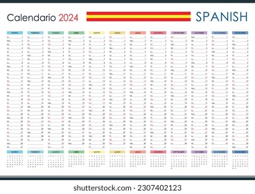 Planner calendar for 2024. Wall organizer, yearly template. One page. Set of 12 months. Spanish.