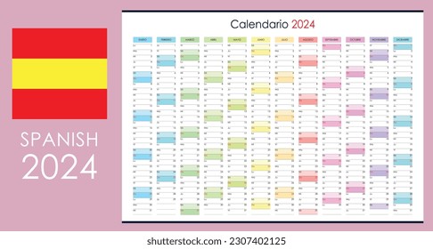 Planner calendar for 2024. Wall organizer, yearly template. One page. Set of 12 months. Spanish.