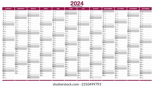 Planner calendar for 2024. Wall organizer, yearly planner template. Vector illustration. Vertical months. One page. Set of 12 months.