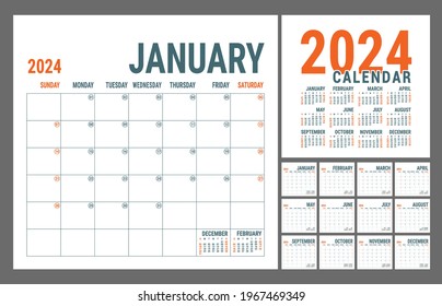 Planner calendar 2024 year template. English vector square grid. Office business planning. Creative design. Red and grey color