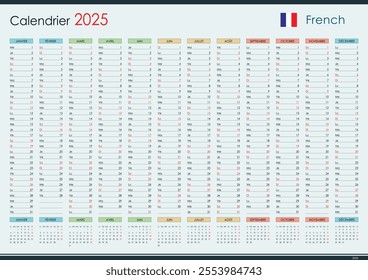 Planner calendar for 2025. Wall organizer, yearly template. Annual One page, French