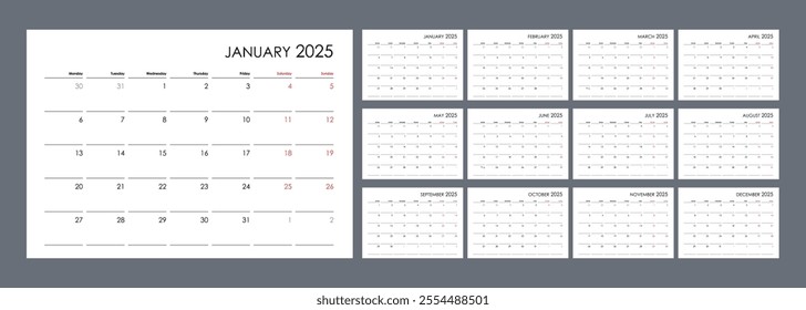 Planner calendar for 2025. Wall organizer, yearly template. Set of 12 months in English.
