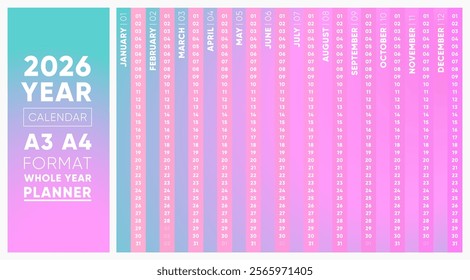 Planner Calendar 2026, Trendy Aesthetic Calendar 2026 Vertical or Horizontal Yearly Planner A3 A4 Gradient Pastel Design Vector