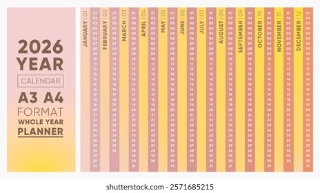 Planner Calendar 2026 Vertical or Horizontal Yearly Planner A3 A4 Format Gradient Design Vector