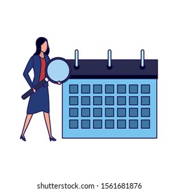 planner calendar with business woman holding a magnifying glass over white background, vector illustration