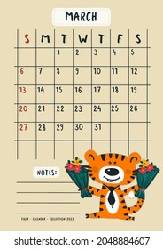 Planner calendar for March 2022. Cute tiger gentleman with bouquets of flowers for girls.