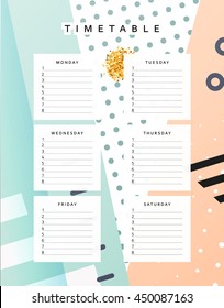 Planner calendar. Schedule the week, abstract design background. Template info organizer. Blank schedule school. Layout sheet planning