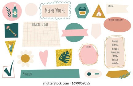 Planner or calendar stickers. German speakers organizer templates with titles "My week", "Date", "Shopping list", "Do not forget", "Notes", "Ideas" and days of the week. Decorative labels and tags 