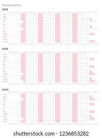 Planner calendar template, business planner in vertical rows. 2018 2019 and 2020 years