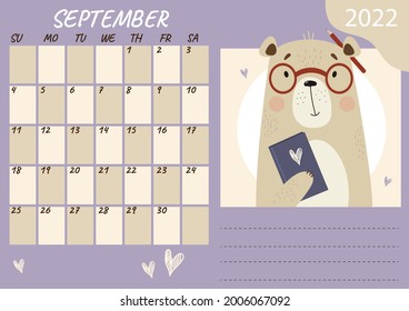 Plantilla del calendario de planificadores para septiembre de 2022. Científico de oso lindo con gafas y libro de fondo brillante. Ilustración vectorial. Semana del domingo. Papelería para diseño e impresión