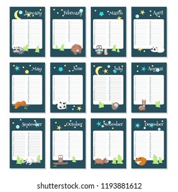 Planner calendar vector template with cute sleeping animals squirrel fox hedgehog rabbit raccoon bear owl deer panda and night sky with moon, stars design. Organizer and schedule with place for notes.