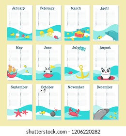 Planner calendar vector template with cute animals, pirate accessories and marine items. Organizer and schedule with place for notes.