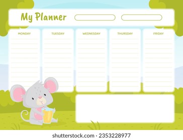 Planner Card with Cute Mouse as Funny Little Animal Vector Template