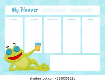 Planner with Cute Green Leaping Frog Character Vector Template