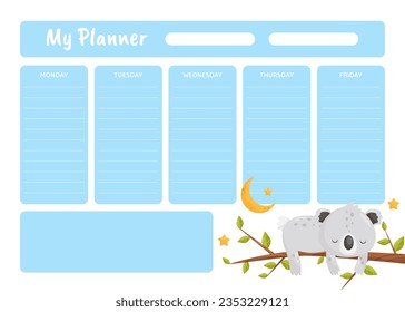 Planner with Cute Koala Sleeping on Tree Branch Having Bedtime Vector Template