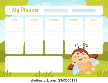 Planner with Cute Ladybird with Spotted Wings Vector Template