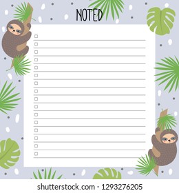 Planner with a cute sloth in Scandinavian style. For printing on paper. Hand-drawn.