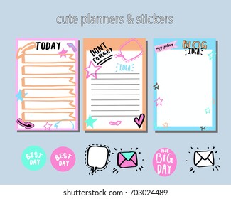 planner , daily planner, cute stickers,  to do list.Calendar Daily and Weekly Planner Template. Note Paper and Stickers Set with Vector Funny Animals Illustrations. Good for Kids. 