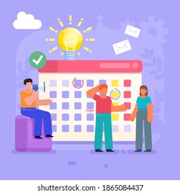 Planner, daily schedule, time management. Group of people stand near big calendar. Modern vector illustration
