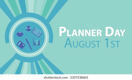 Planner Day vector banner design. Happy Planner Day modern geometric background illustration with calculator icon, book icon, pen icon, pie chart icon and typography.