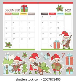 PLANNER DECEMBER STICKERS 2021 Monthly Calendar Printable Labels Page Template Schedule With Musical Santa Claus Cartoon Clipart Vector Illustration Set