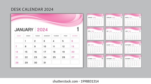 Planerdesign, Set-Desk-Kalender 2024 Vorlage Vektorgrafik, Tapete-Kalender 2024 Jahr, Woche Start am Sonntag, Schreibtischchen, Drucken, Werbung, rosafarbener Hintergrund