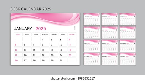 Diseño del planificador, Vector de plantilla Set Desk Calendar 2025, calendario de pared 2025 año, Semana Inicio Domingo, Papelería, Impresión, anuncio, fondo de onda rosa