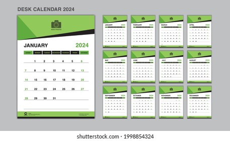 Diseño del planificador, Vector de plantilla Set Desk Calendar 2024, calendario de pared 2024 año, Semana Inicio Domingo, Papelería, Impresión, anuncio, fondo verde
