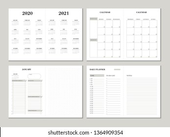 Planner Design Template For 2020 2021 Year. Weekly And Monthly Planner Design With Checklist, To Do List And Dotted Paper. Printable Vector Business Planner Concept.