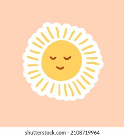 Planner or diary decorating element. Colorful sticker with cute yellow sun, rays and smiling face. Design element for social networks. Cartoon flat vector illustration isolated on beige background