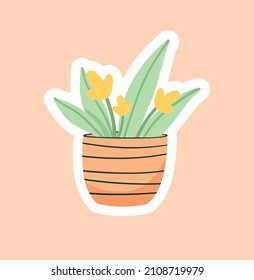 Planner or diary decorating element. Colorful sticker with beautiful green houseplant with yellow flowers. Organic design for printing. Cartoon flat vector illustration isolated on beige background