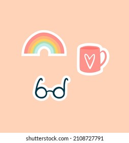 Planner or diary decorating element. Colorful set of stickers with rainbow, glasses and mug with heart. Design for printing on paper. Cartoon flat vector illustration isolated on beige background