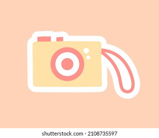 Planner or diary decorating element. Colorful sticker with small yellow camera. Device for making photo. Design for social networks. Cartoon flat vector illustration isolated on beige background