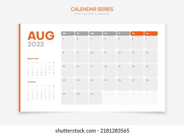 Planner diary in a minimalist style. Corporate and business calendar. Monthly calendar template for august 2022 year