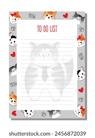 Planner, to do list with face of cats in cartoon style.